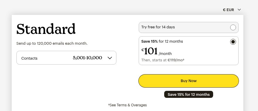 Mailchimp pricing at 10,000 contacts — costs climb steeply once your SaaS starts growing